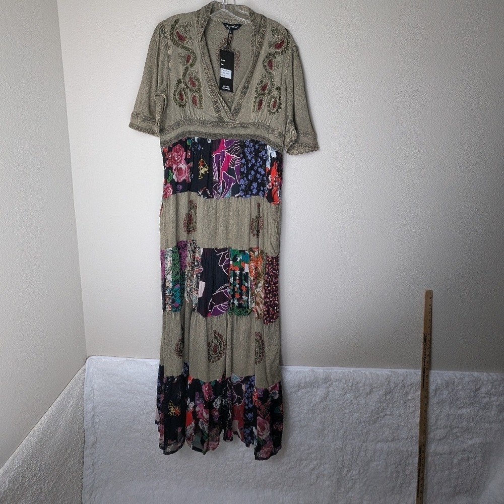 Young Threads Floral Embroidered Maxi Dress Womens Large Gravel Green Dress - Picture 2 of 14